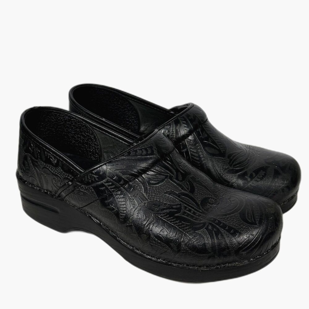 Dansko Professional Clogs Womens 41 Black Tooled Leather Nursing Comfort